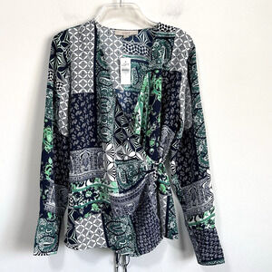 LOFT Patchwork Wrap Blouse S Deep Space Blue Long Sleeve Tie‎ Waist V Neck NEW